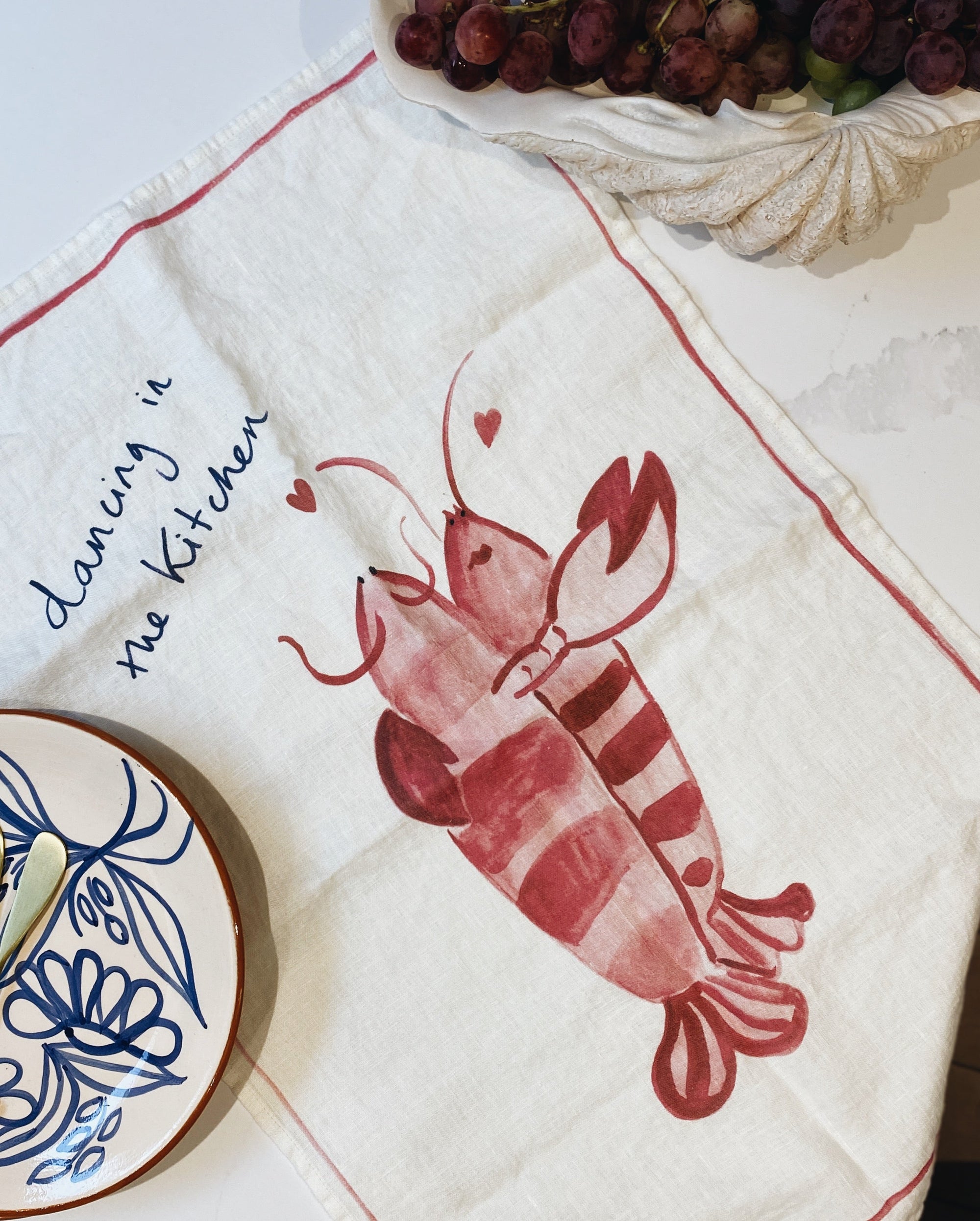 Kitchen Dancing - Lobster Print Linen Teatowel