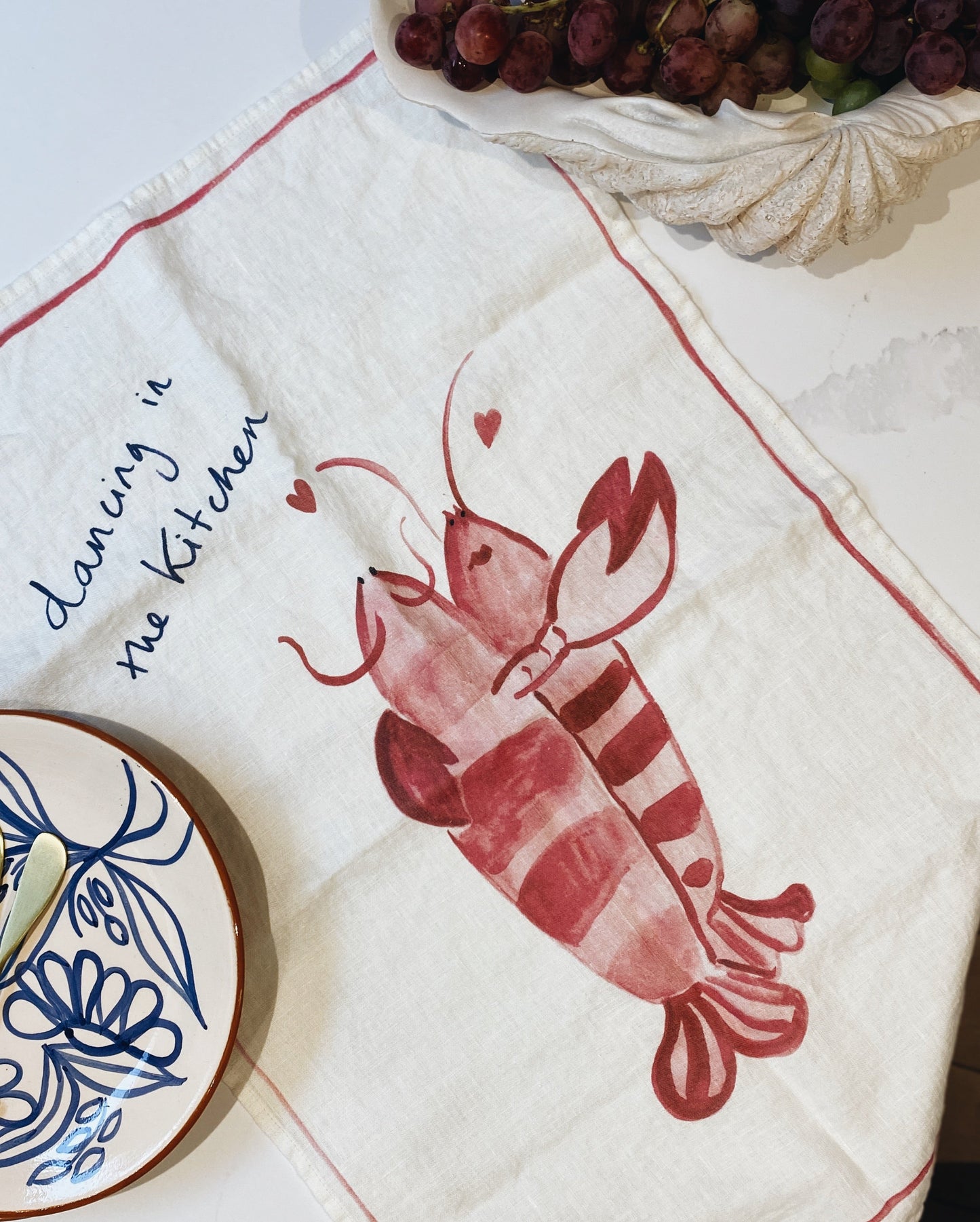 Kitchen Dancing - Lobster Print Linen Teatowel