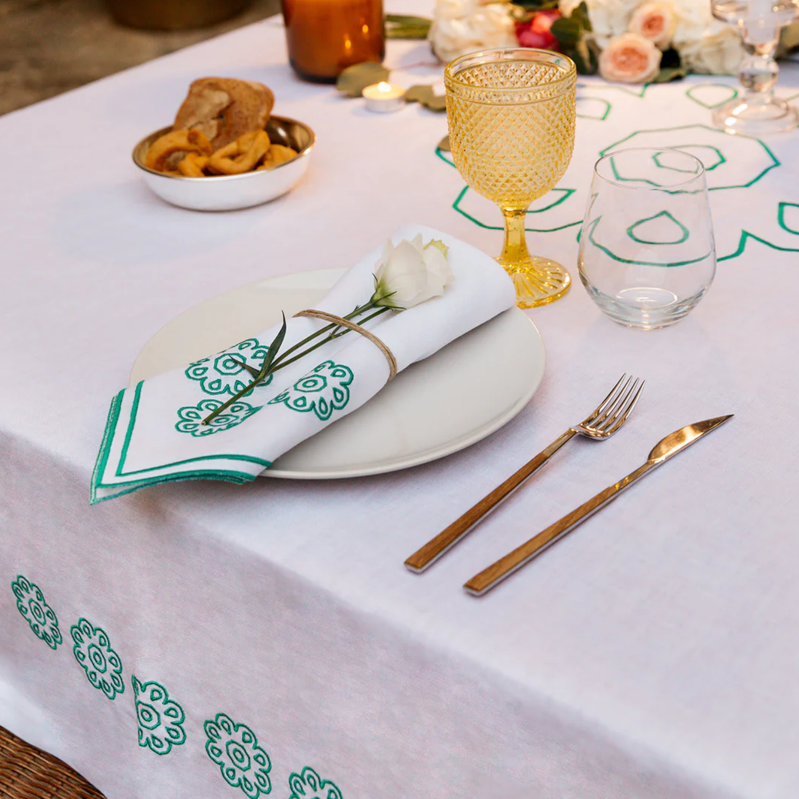 Green Castello Svevo Tablecloth  - White Linen