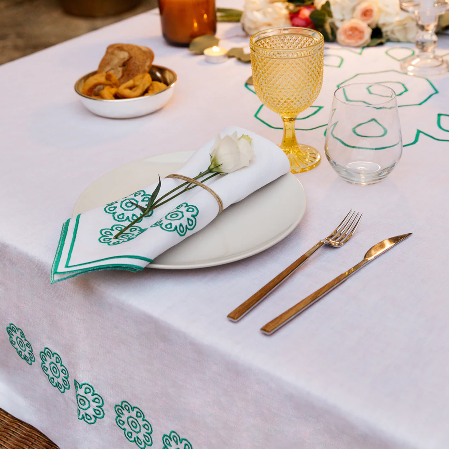 Green Castello Svevo Tablecloth  - White Linen