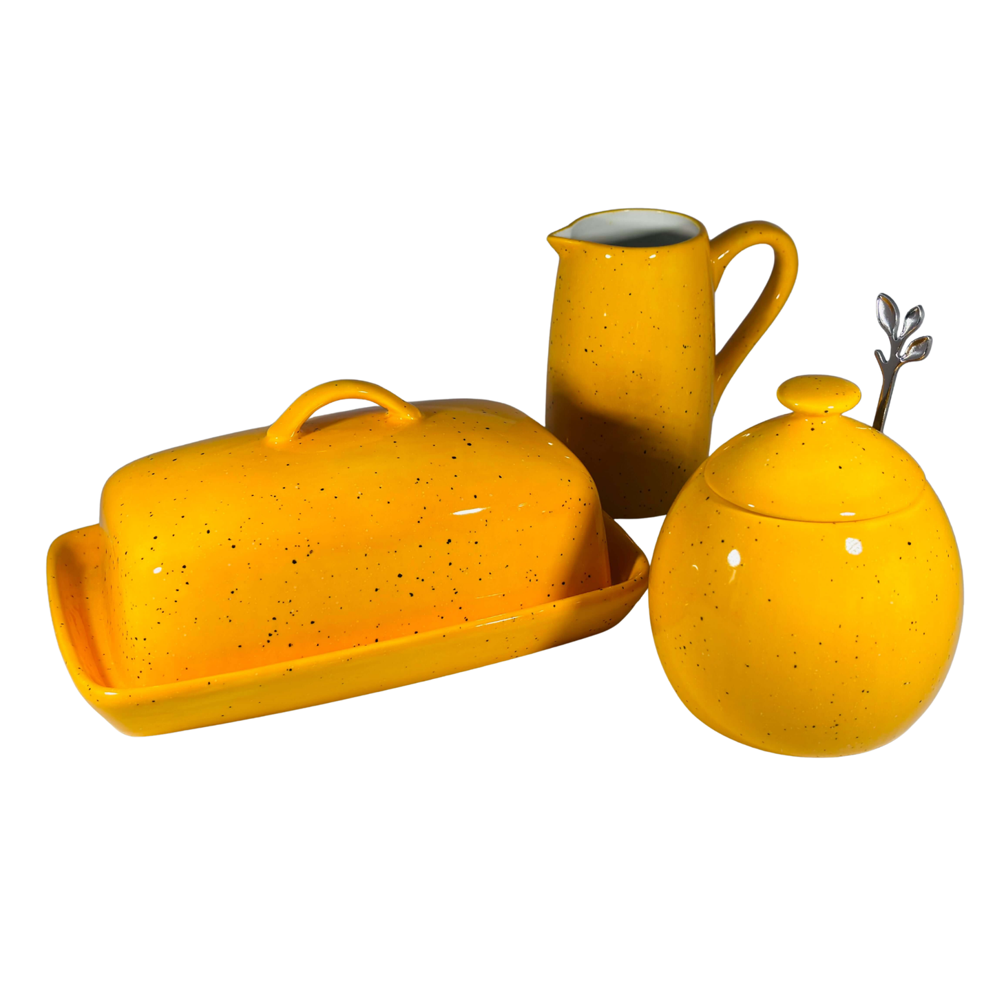 Butter Dish, Sugar Bowl and Milk Jug Set - Speckled Yellow