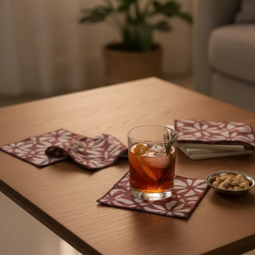 Red Rosy Sips Cloth Napkin | Block-Printed Cotton | 5x5 in