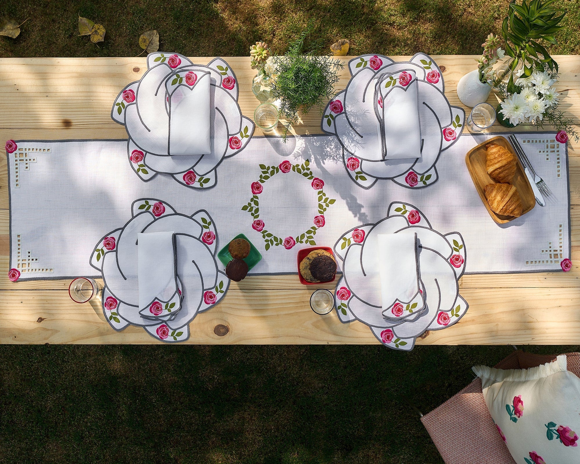 Hand Embroidered Rose Reverie Table Runner 16.5" × 67"