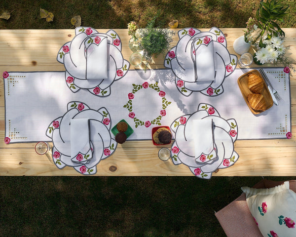 Hand Embroidered Rose Reverie Table Runner 16.5" × 67"