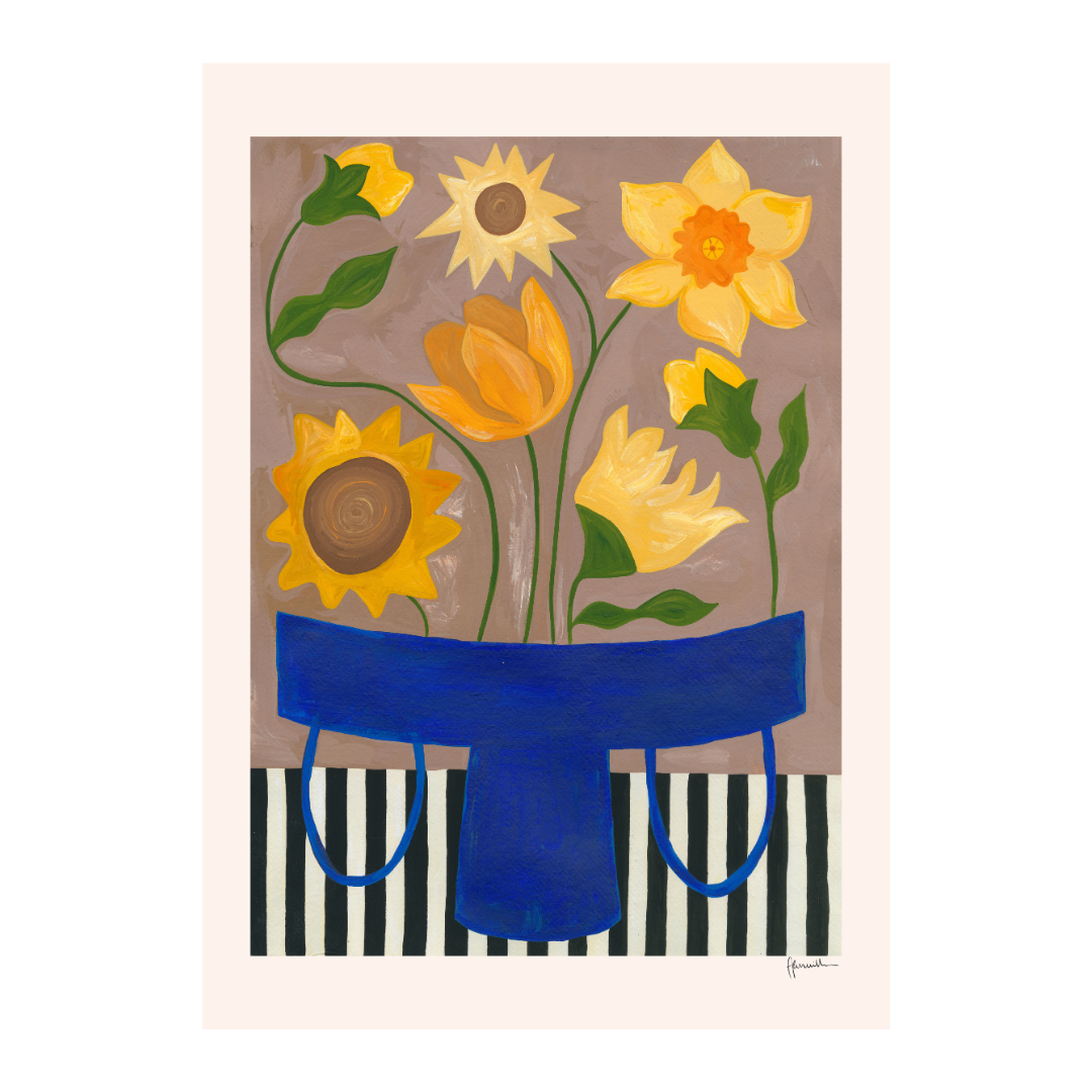Yellow Bouquet in Blue Vase Print
