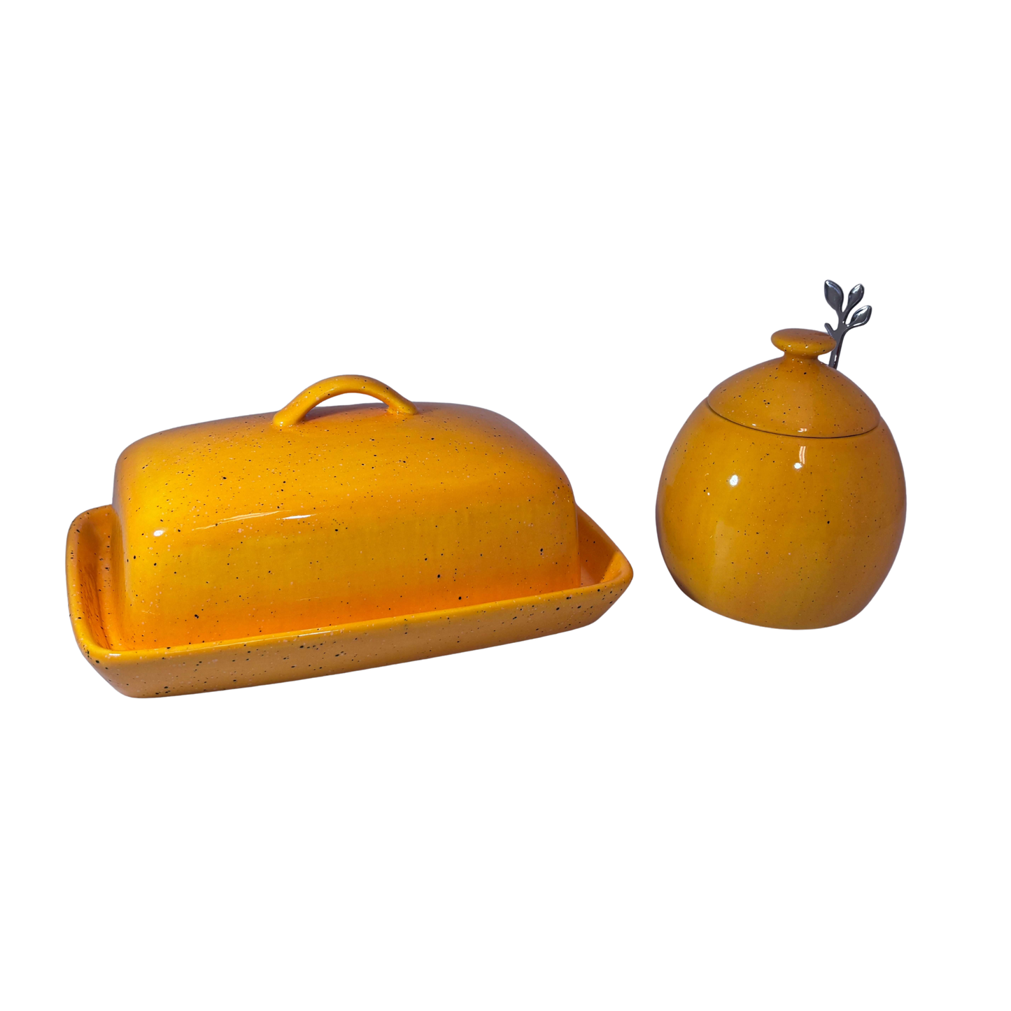 Butter Dish with Sugar Bowl Set - Yellow Speckle Glaze