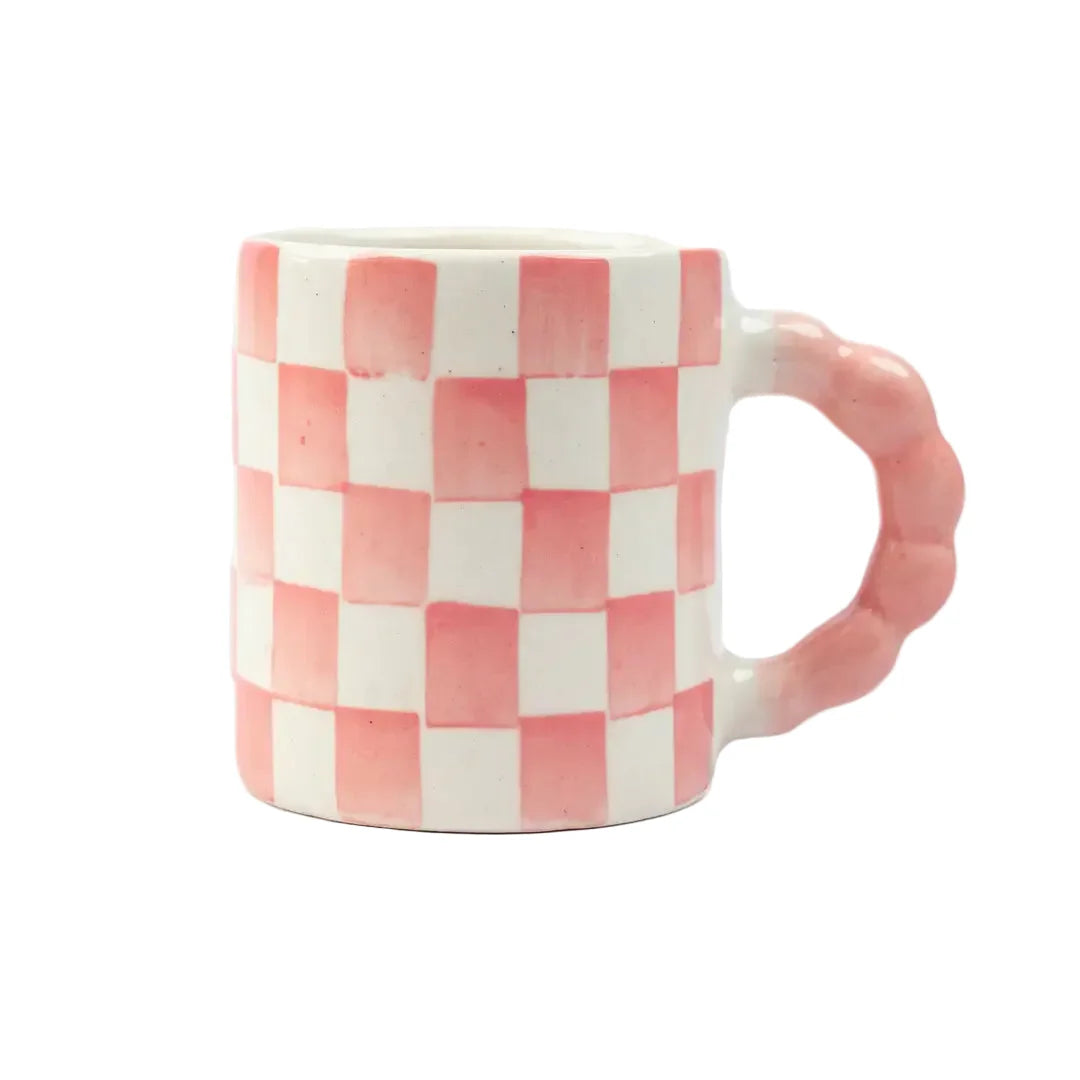 Pink Checkered Ceramic Mug , 3x3x3.5 Inches (Set of 2)