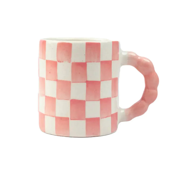 Pink Checkered Ceramic Mug , 3x3x3.5 Inches (Set of 2)
