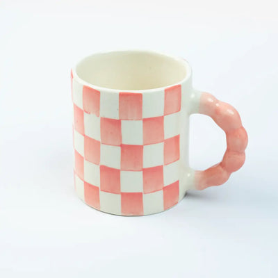 Pink Checkered Ceramic Mug 3x3.5 Inches Set of 2 - Casa Amarosa