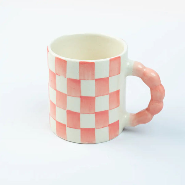Pink Checkered Ceramic Mug 3x3.5 Inches Set of 2 - Casa Amarosa