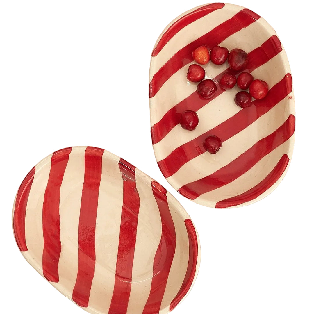 Ceramic Stripe Bowl, Red 7x5x2 Inches Set of 4 - Casa Amarosa