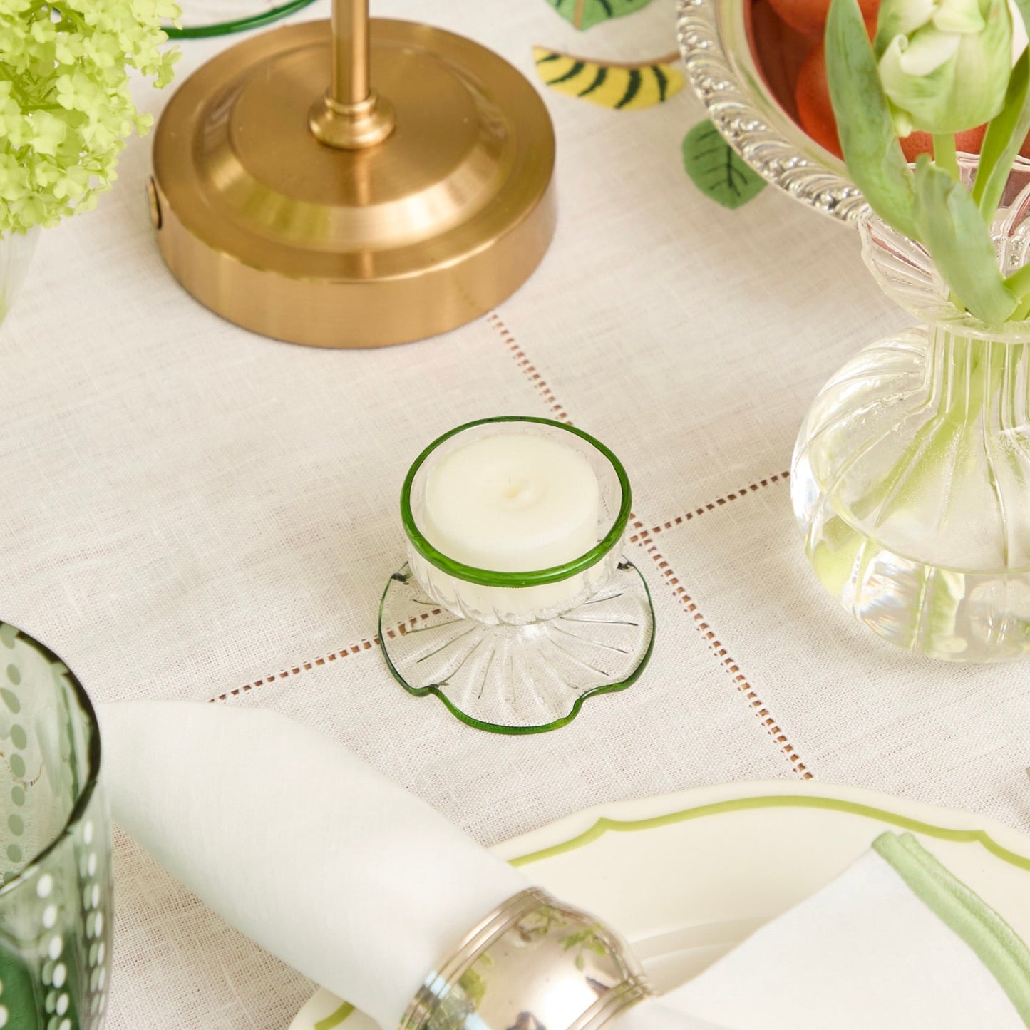 Green Rimmed Tealight Holders (set of 2)