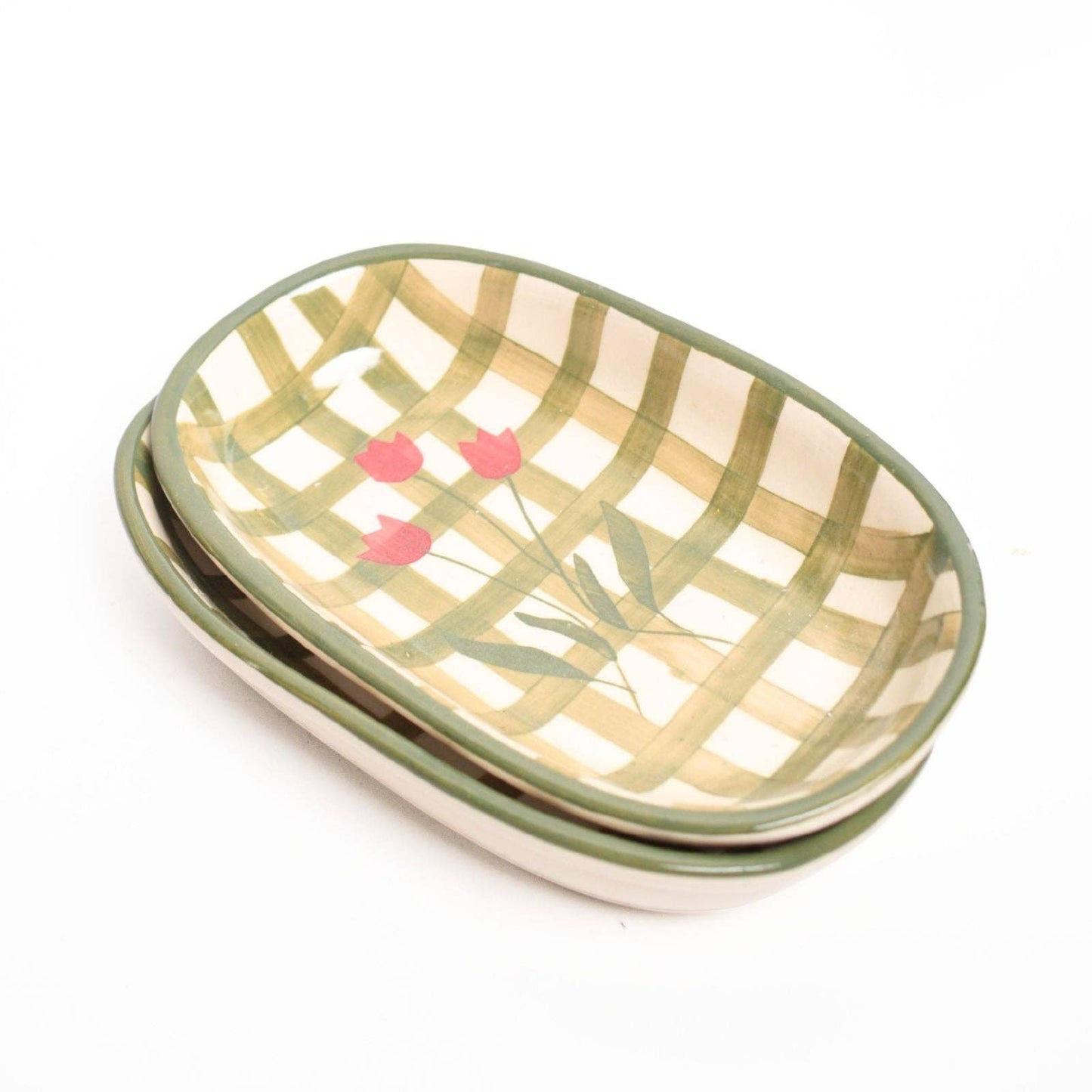 Green Checked Oval Bowl | Hand-Painted Ceramic | 8 Inch