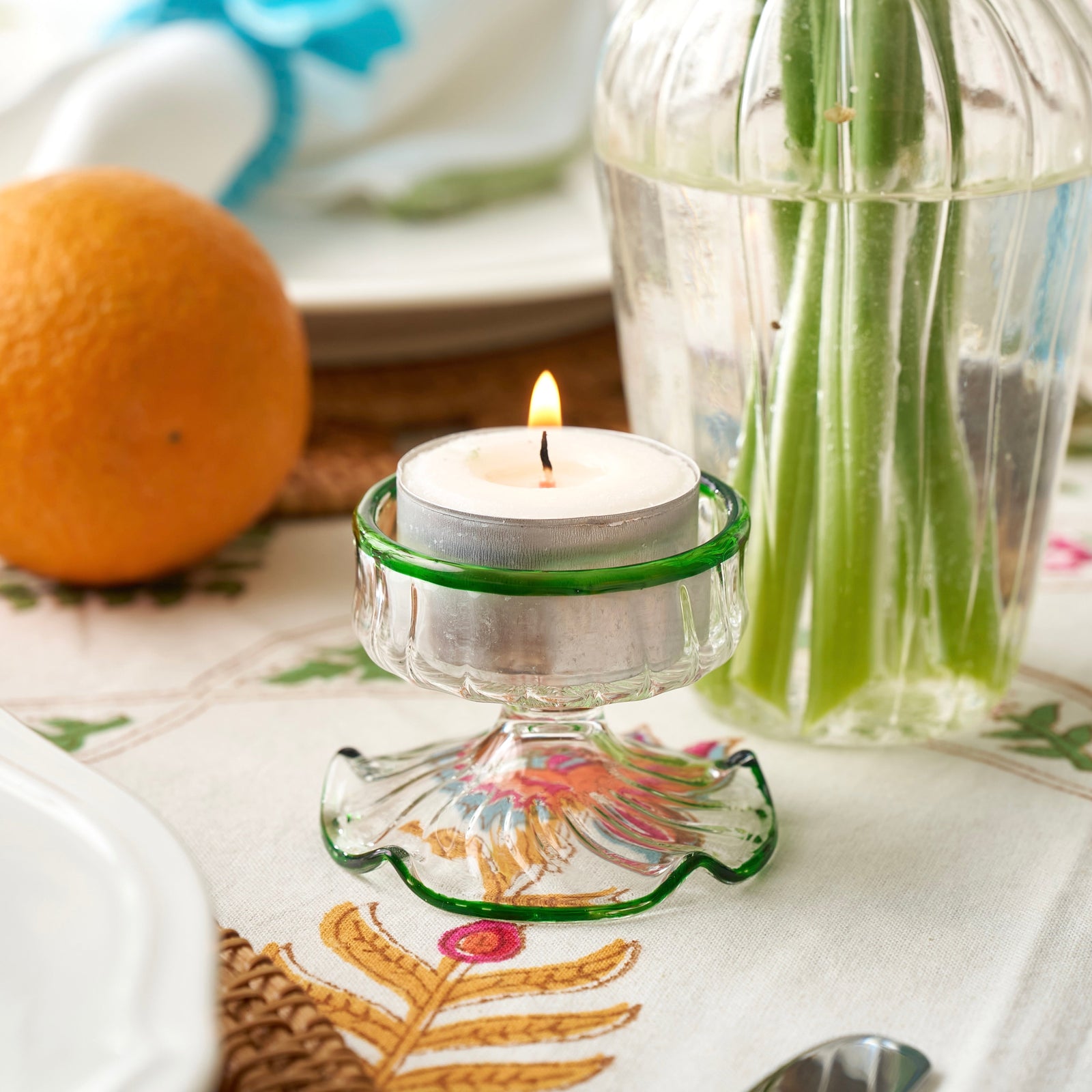 Green Rimmed Tealight Holders (set of 2)
