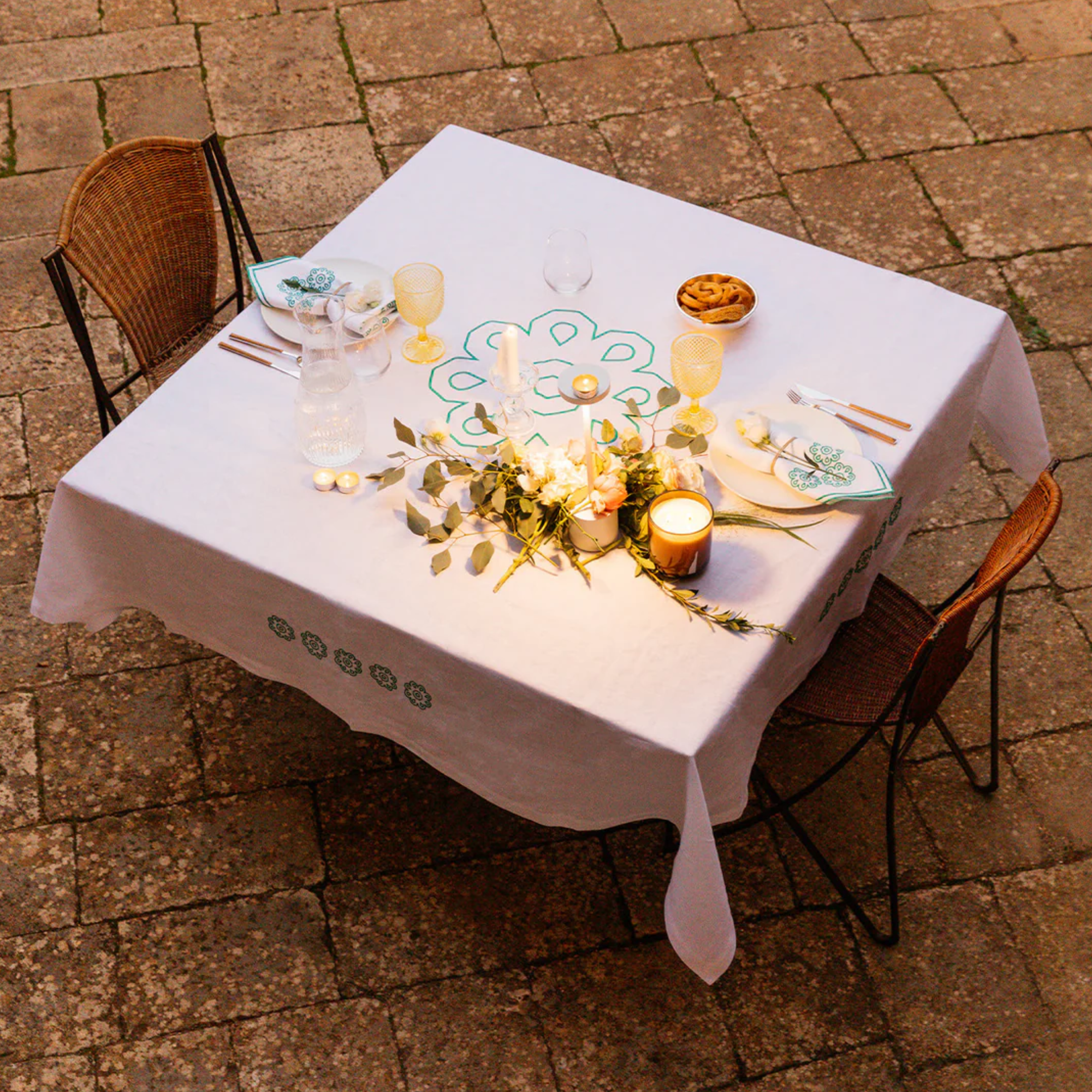 Green Castello Svevo Tablecloth  - White Linen