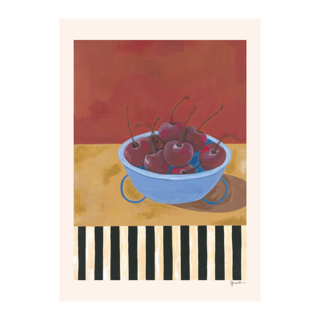 Cherries in Blue Bowl Print