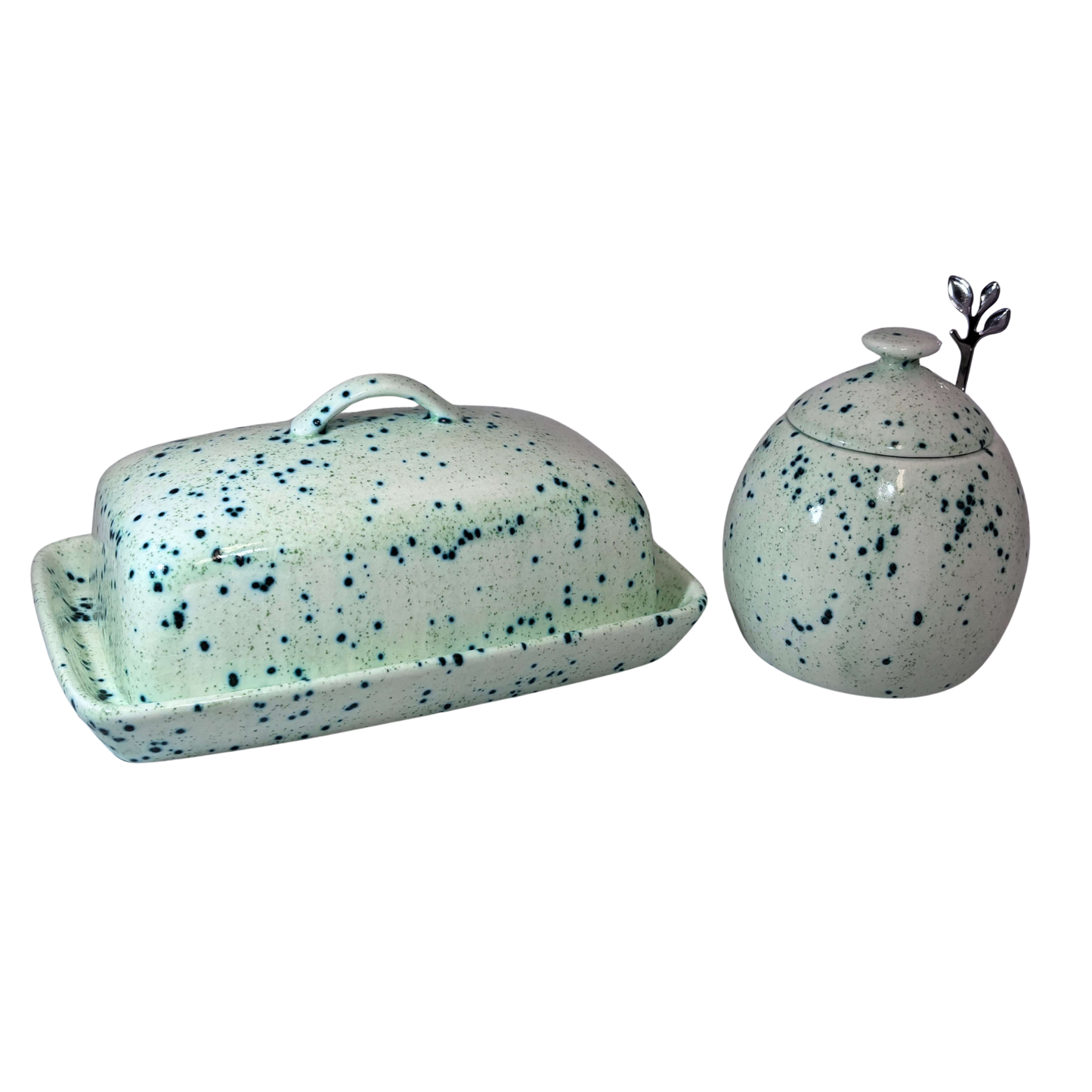 Butter Dish and Sugar Bowl set Speckled Green