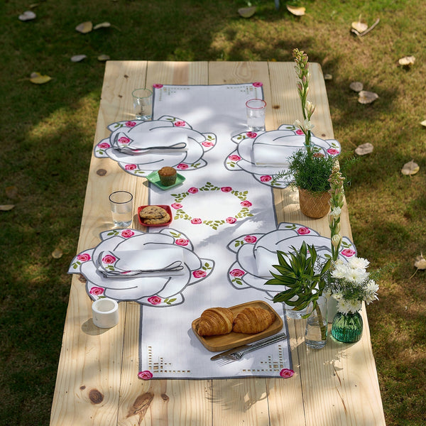 Hand Embroidered Rose Reverie Table Runner 16.5" × 67"