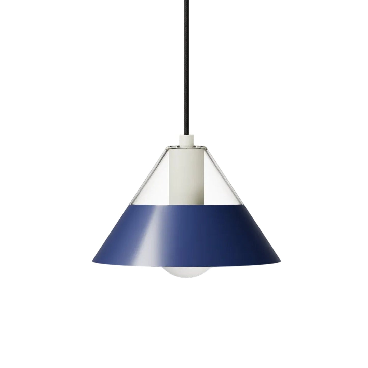 FIFTY FIFTY Lamp with a clear glass upper shade and navy metal lower shade for balanced ambient and focused lighting.
