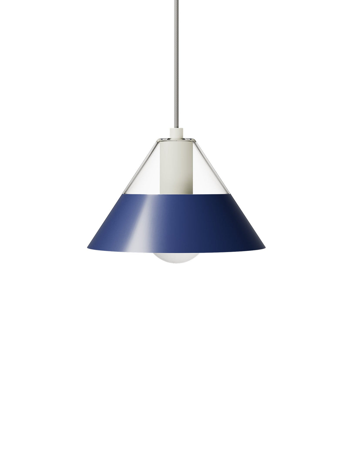 FIFTY FIFTY Lamp with a clear glass upper shade and a blue metal lower shade for balanced, warm and precise lighting.