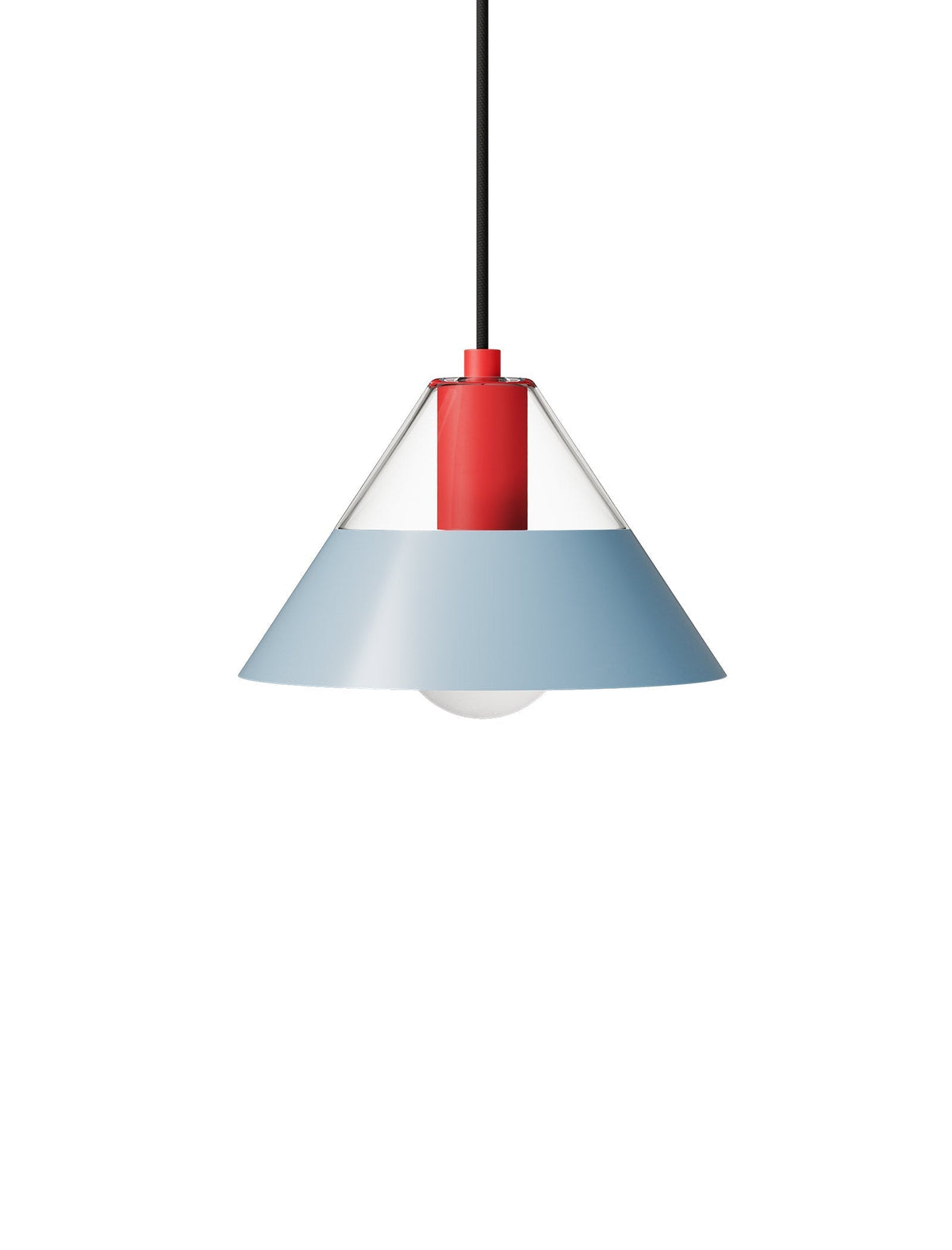 FIFTY FIFTY Lamp with a blue metal shade, red socket, and clear glass top for balanced warm and focused light.