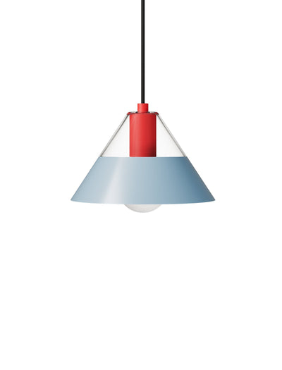 FIFTY FIFTY Lamp with a blue metal shade, red socket, and clear glass top for balanced warm and focused light.