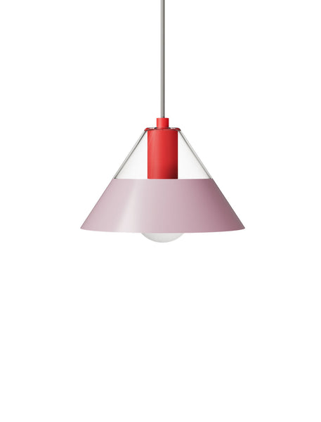FIFTY FIFTY Lamp with a red top and light pink metal shade, combining warm and focused lighting.