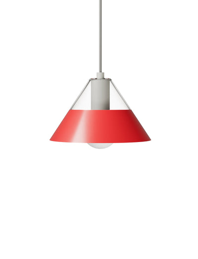 FIFTY FIFTY Lamp with red metal shade and clear glass top, blending warm ambient and focused lighting.