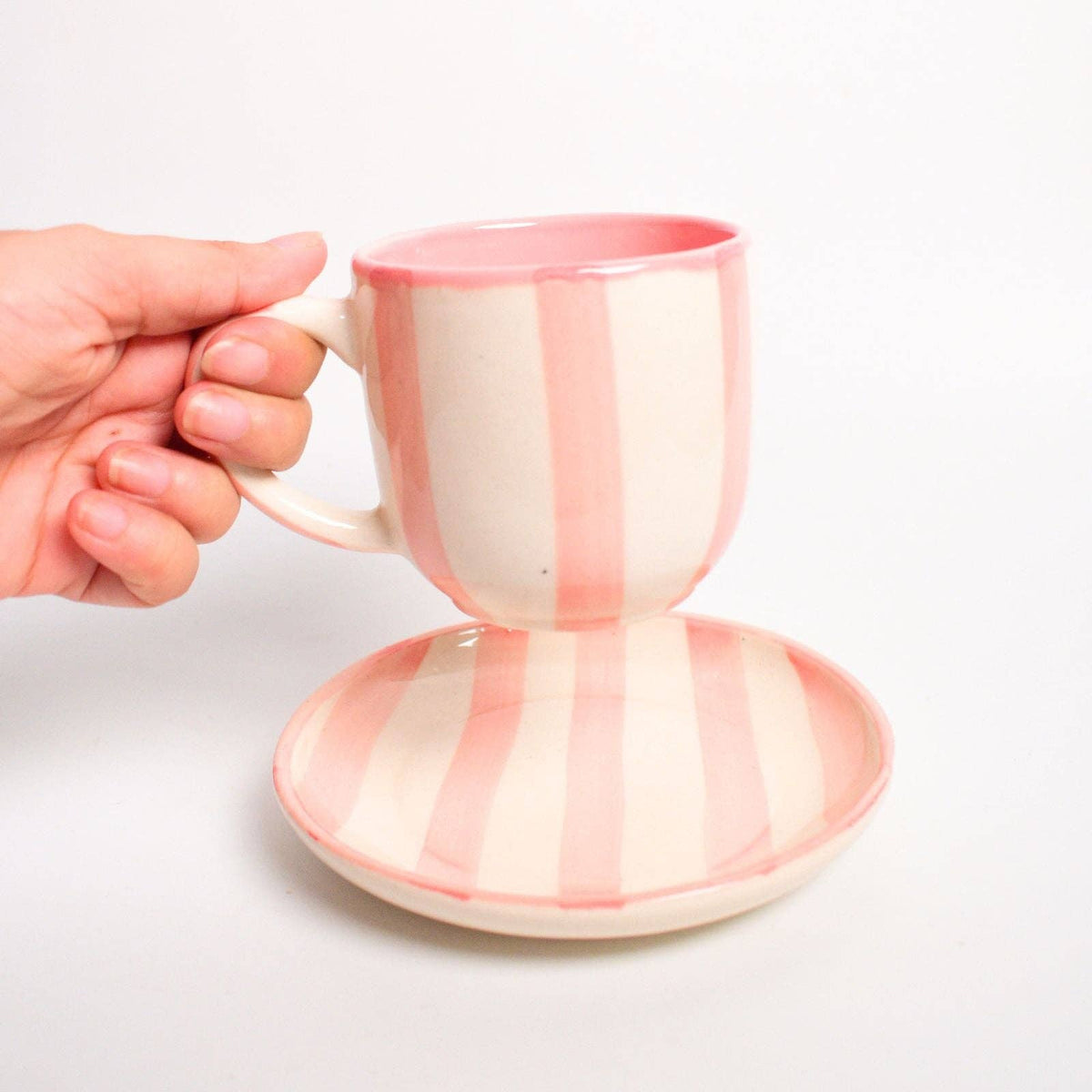 Pink Stripe Ceramic Cup & Coaster Set | 3 Inch Cup & 4 Inch