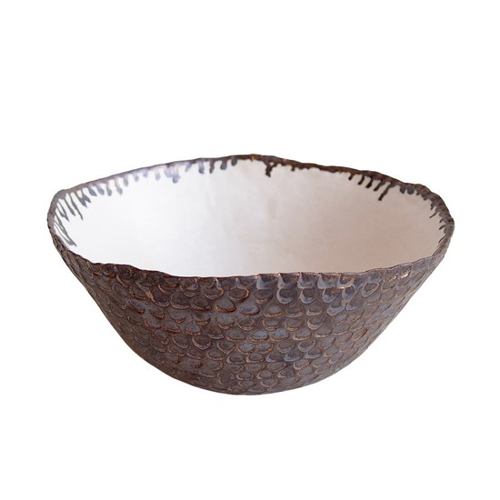 Handmade Satin White and Black/Gold Textural Ceramic Fruit Bowl