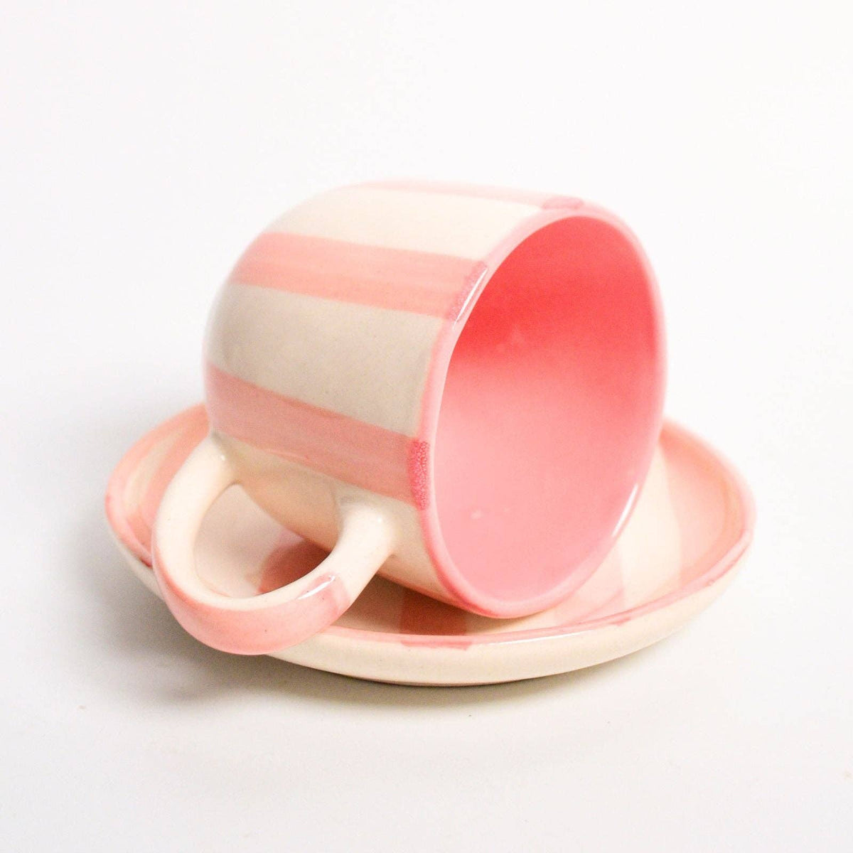 Pink Stripe Ceramic Cup & Coaster Set | 3 Inch Cup & 4 Inch