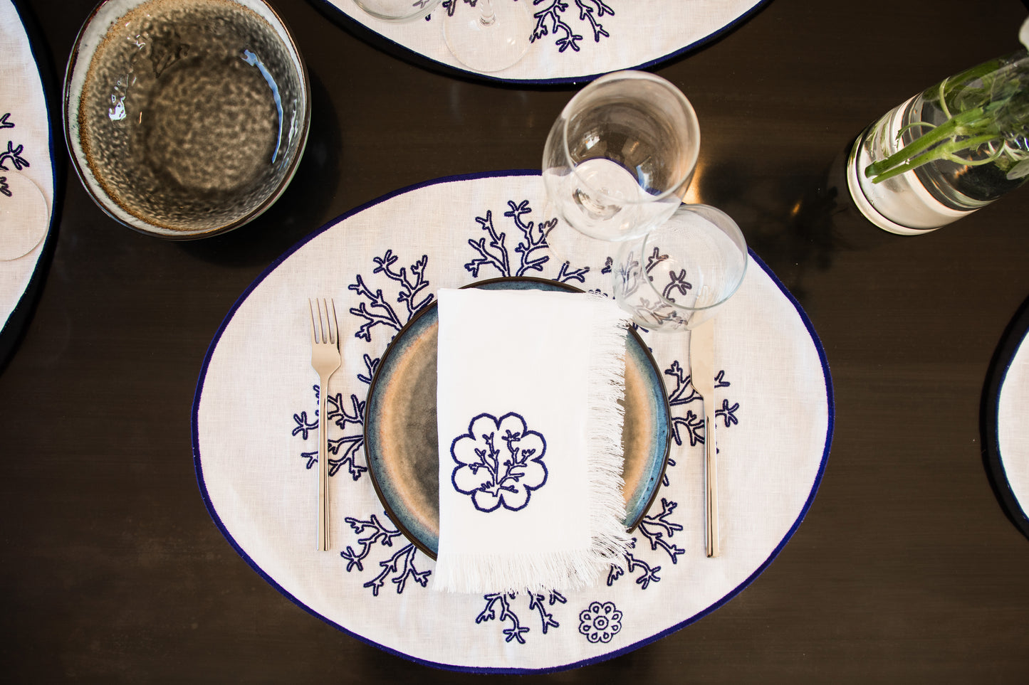 Blue Coral Breakfast Placemat  - Set of 2 - White Linen