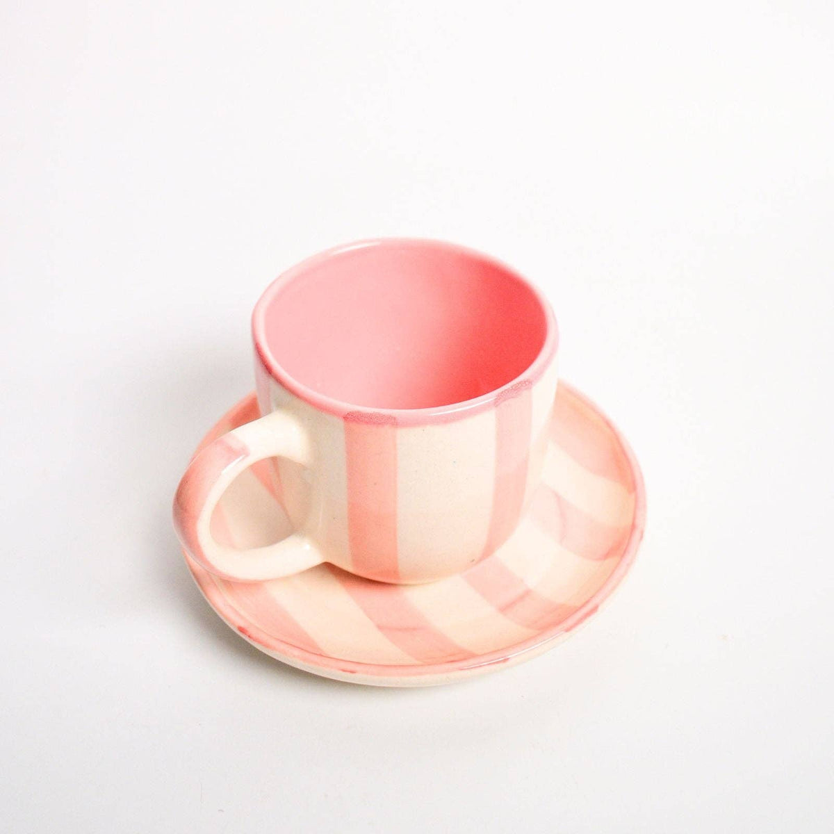 Pink Stripe Ceramic Cup & Coaster Set | 3 Inch Cup & 4 Inch