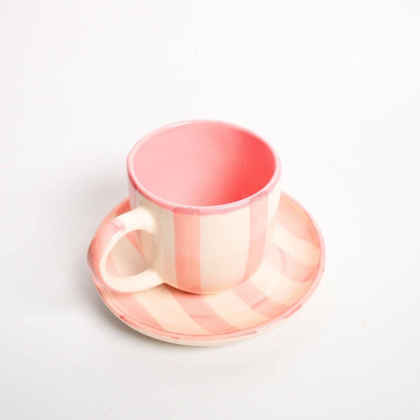 Pink Stripe Ceramic Cup & Coaster Set | 3 Inch Cup & 4 Inch