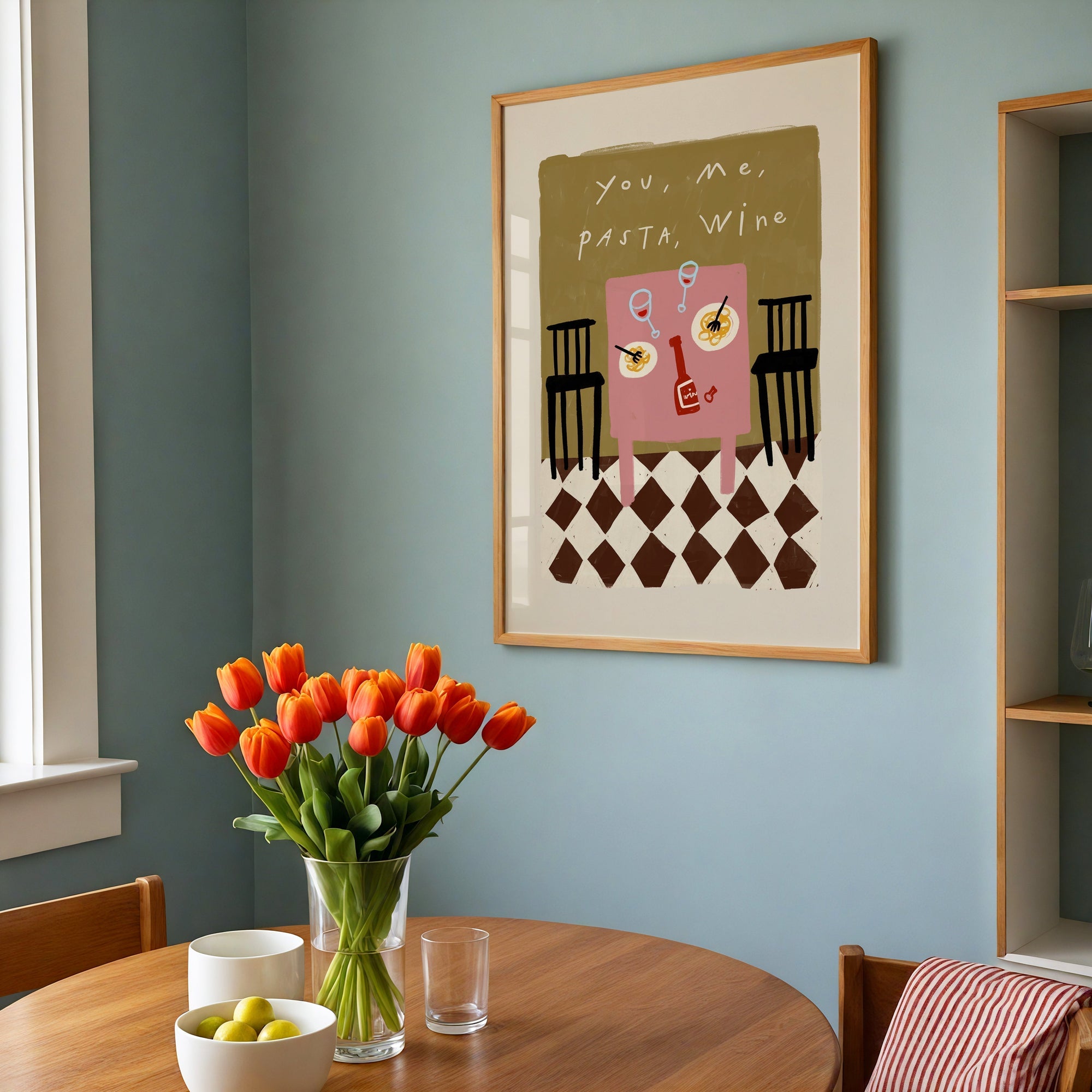 You, Me, Pasta, Wine | Dining Room Print | UNFRAMED