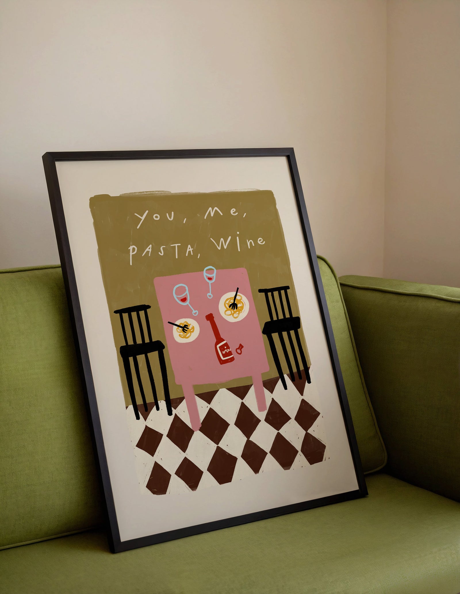 You, Me, Pasta, Wine | Dining Room Print | UNFRAMED