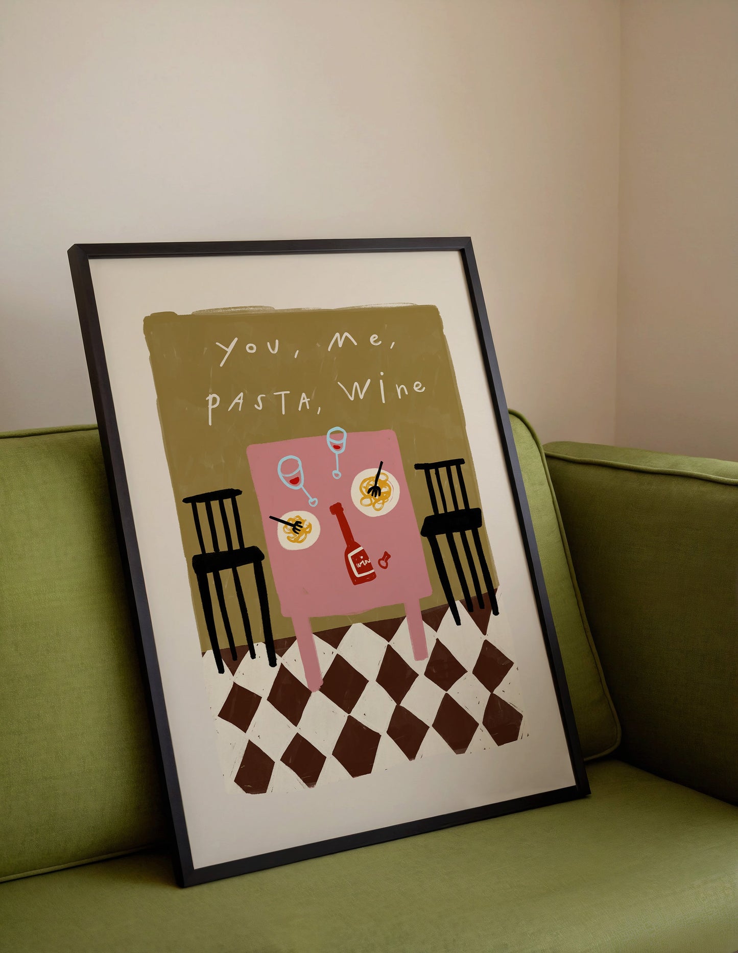 You, Me, Pasta, Wine | Dining Room Print | UNFRAMED