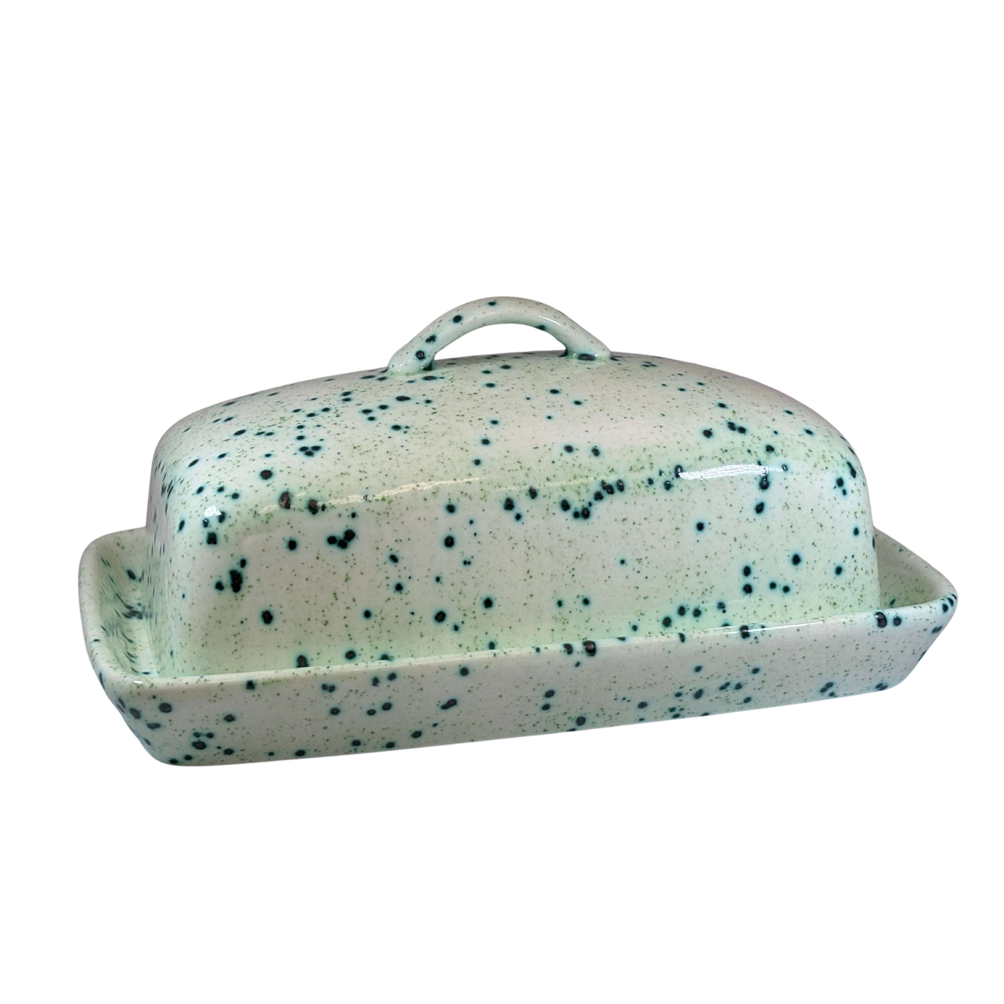 Butter Dish, Speckled Green Glaze
