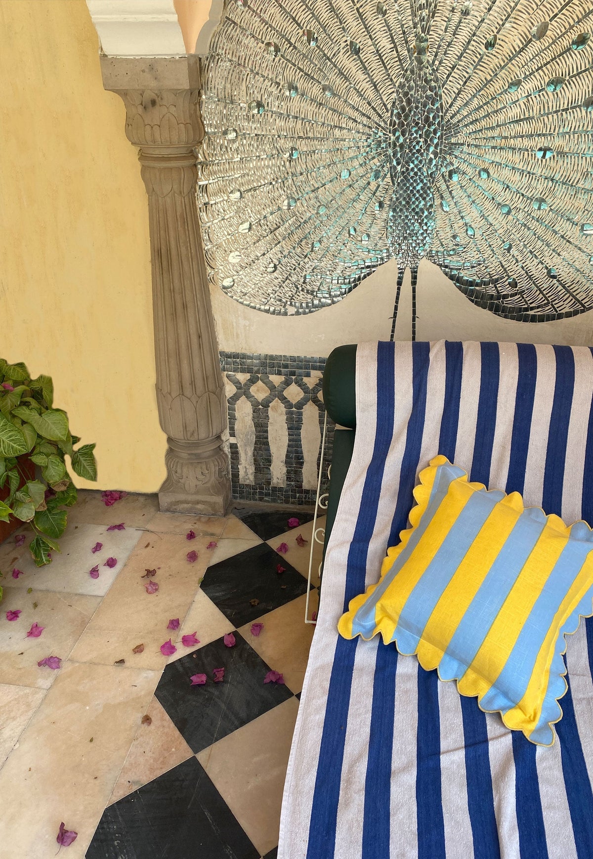 Outdoor Lemon & Azure Stripe Scallop Cushion Cover