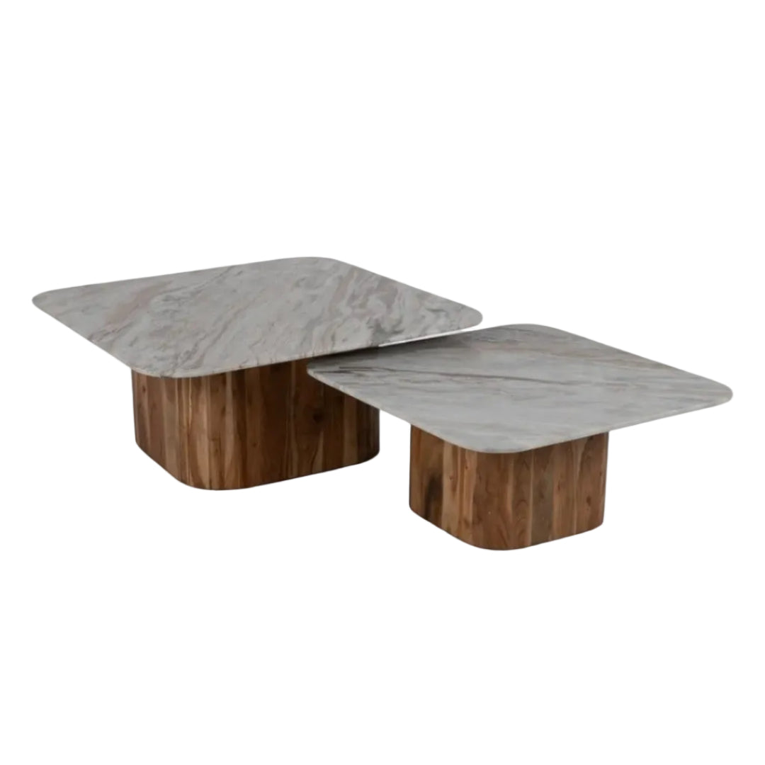 Set of 2 Borba Acacia Wood and Marble Coffee Tables