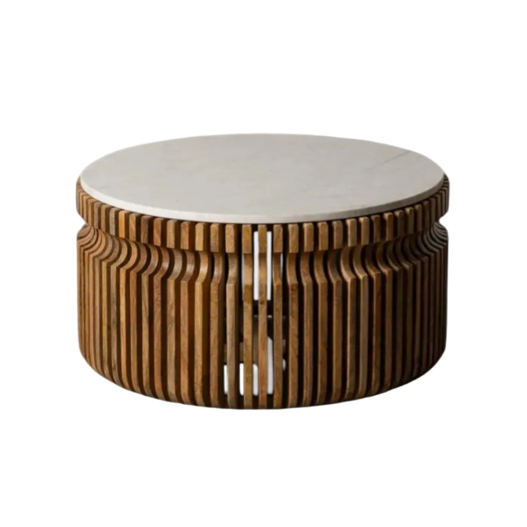 Round Mango Wood Coffee Table with Marble Top, 80 × 80 × 42 cm