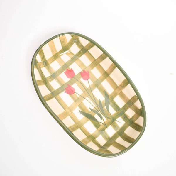 Green Checked Oval Bowl | Hand-Painted Ceramic | 8 Inch