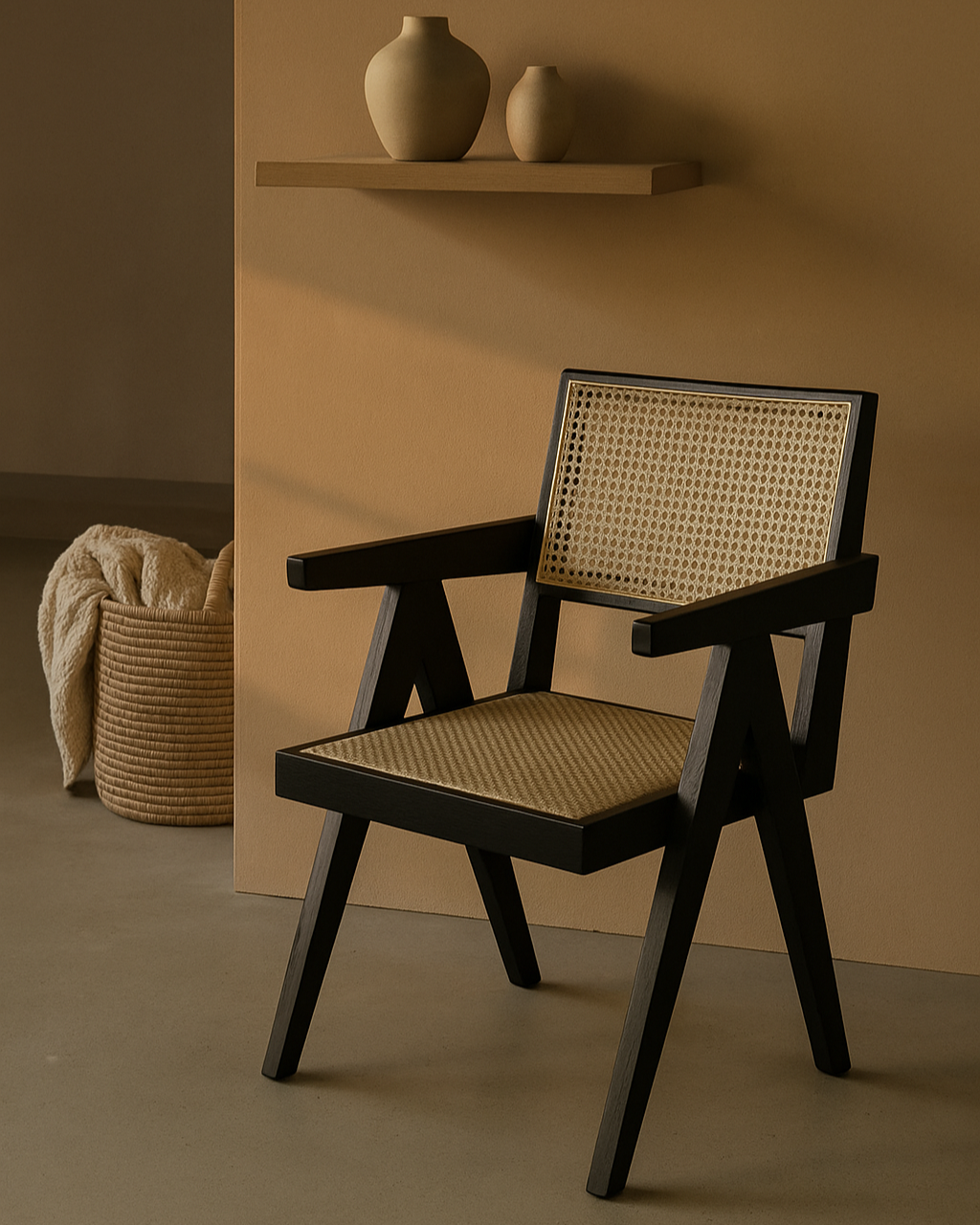 Lagos Black-Finish Solid Elmwood Chair with Rattan Seat and Back