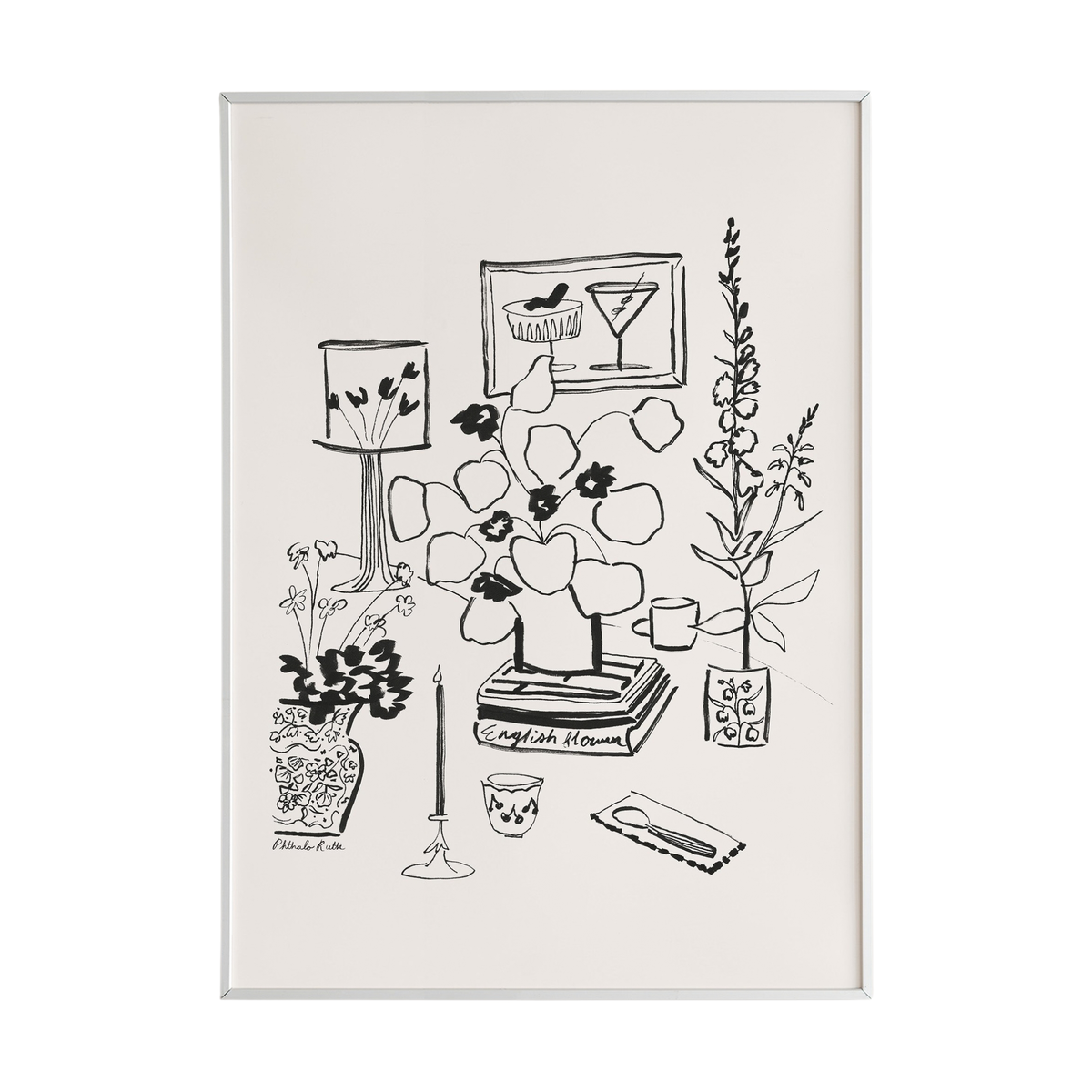 Blooms & Bobs Black and White Line Art Print