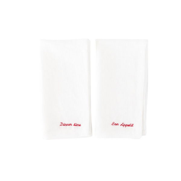Embroidered Linen Napkins (Set of 2) – “Bon Appétit” & “Dinner Time” Edition
