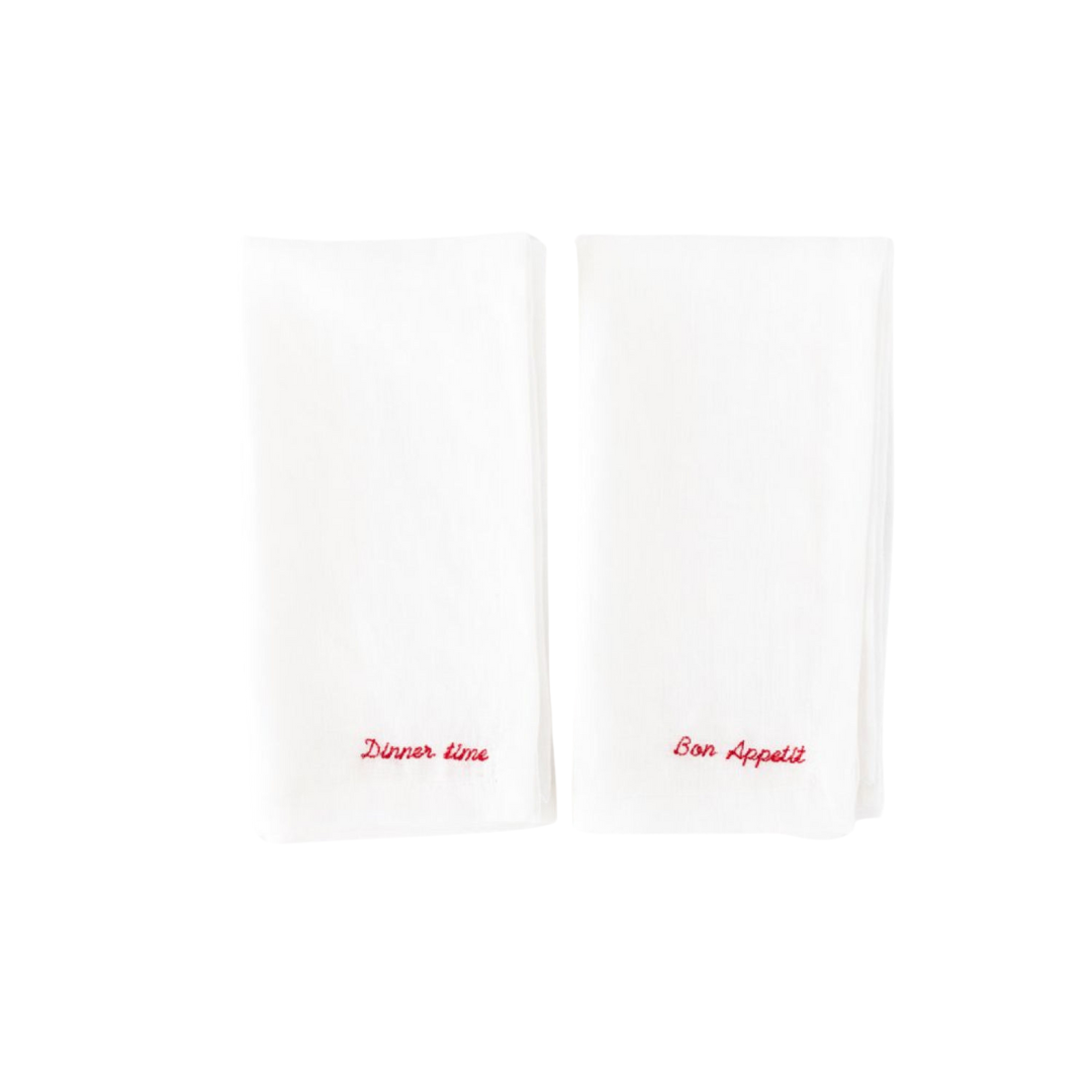 Embroidered Linen Napkins (Set of 2) – “Bon Appétit” & “Dinner Time” Edition