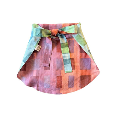 The Gemma Apron in Tapestry close up of linen fabric and abstract tapestry print detail - Goldie Home
