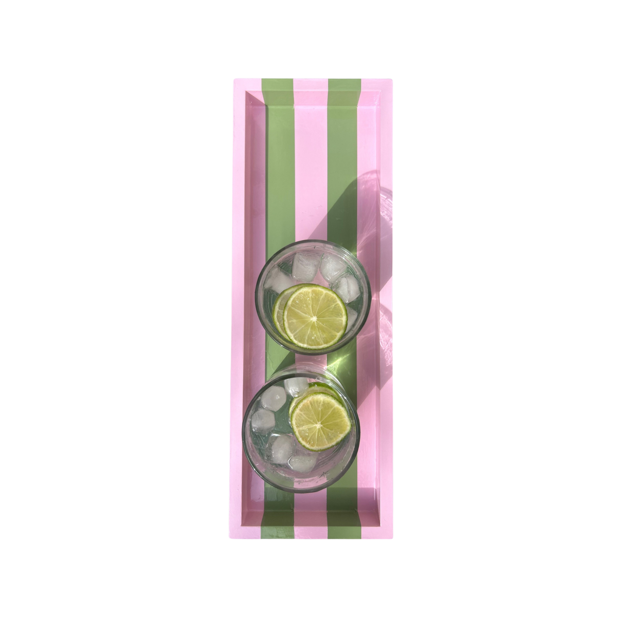 Hand-painted Striped Wooden Serving Tray | Lacquer Drinks Tray 40cm — Pink & Green
