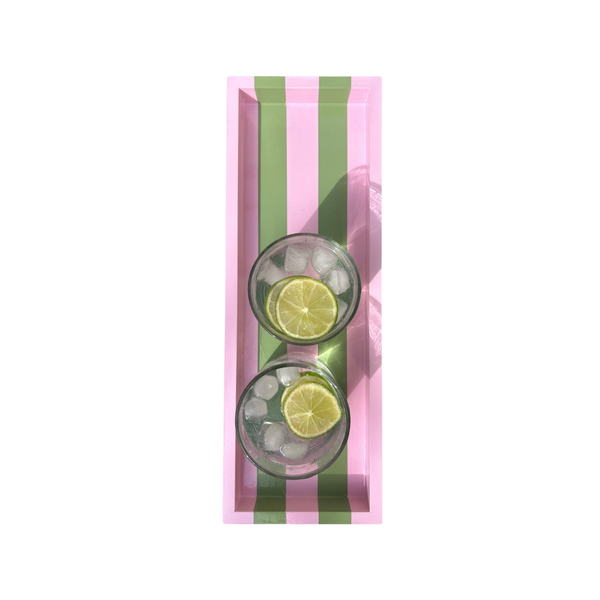 Hand-painted Striped Wooden Serving Tray | Lacquer Drinks Tray 40cm — Pink & Green