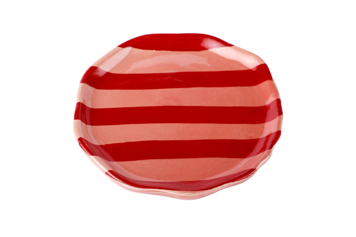 Pink & Red Stripe Plate | Hand-Painted Ceramic | 6.3 In | Set of 2